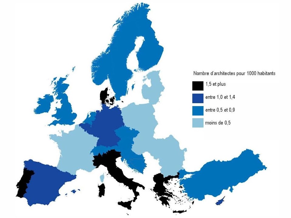 numero de arquitectos en europa por pais y por cada 1.000 habitantes