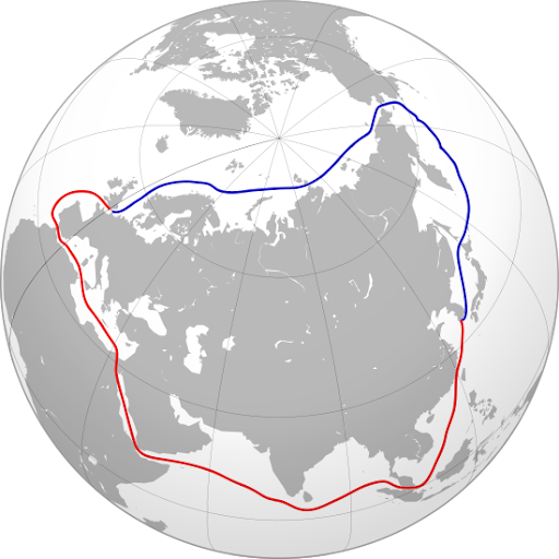 A graphical comparison between the North East Passage (blue) and an alternative route through Suez Canal (red)