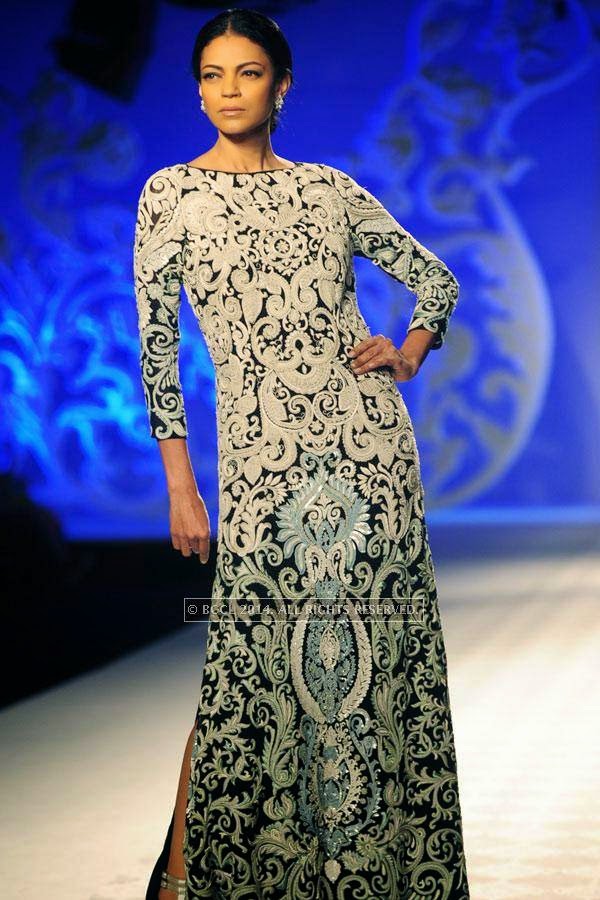Noyonika walks the ramp for Varun Bahl walks the ramp on Day 3 of India Couture Week, 2014, held at Taj Palace hotel, New Delhi.