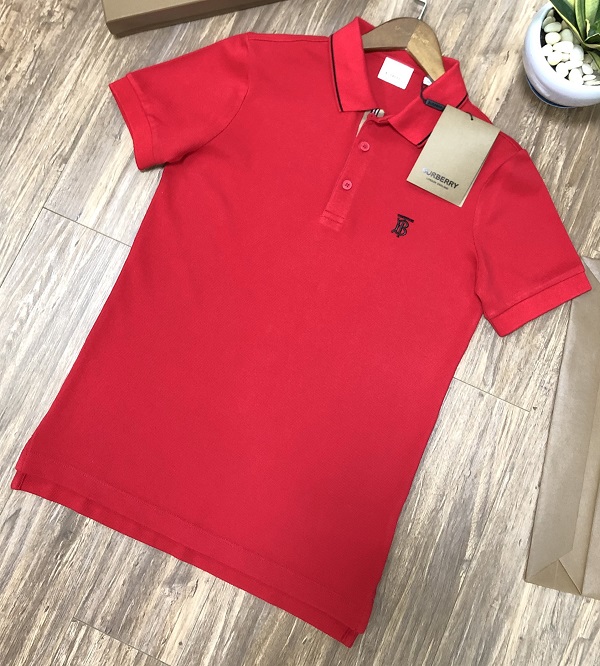Áo phông Burberry nam màu đỏ tươi trơn đẹp có cổ bẻ, áo thun BBR check hàng hiệu công sở trung niên cao cấp like chính hãng Authentic