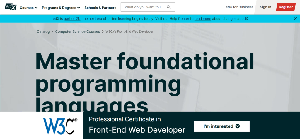 Cours de certificat professionnel de développeur Web front-end du W3C.