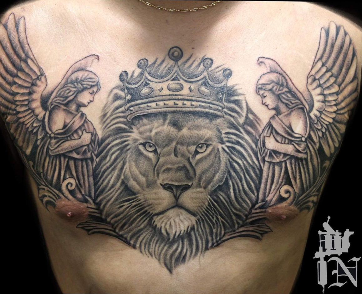 Lion With Angel Tattoo On Chest