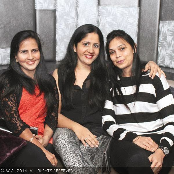 Aashu, Jaya and Rachna pose for a photo during a stand-up comedy show by Radhika Vaz, held at Elevate Pub, T. Nagar in Chennai.