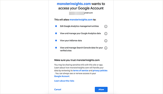 Permitir que o MonsterInsights acesse sua conta do Google Analytics