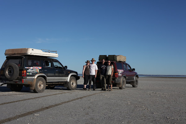 Katherine, Aaron, Andy and Louise with Ben and Finn on the Makgadikgadi salt pans in Botswana
