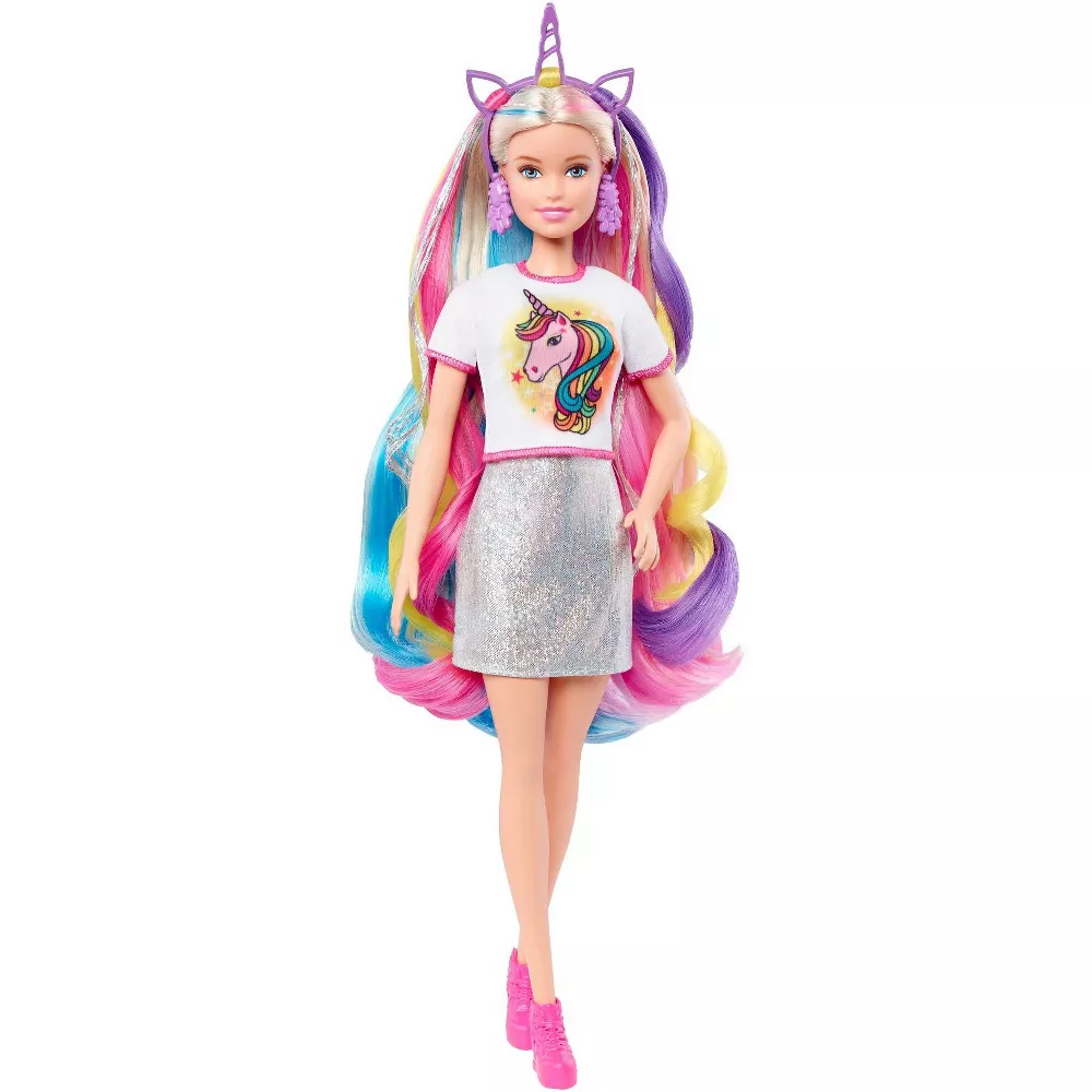 barbie doll wearing unicorn shit and rainbow hair