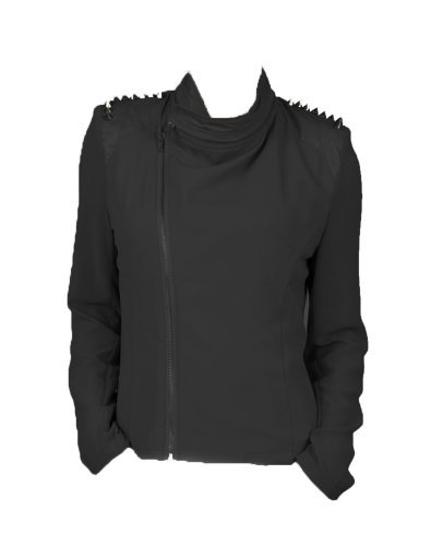 Sexy Women's Faux Leather Spike Stud Accent Chiffon Jacket Shoulder Spikes (MEDIUM, Black)