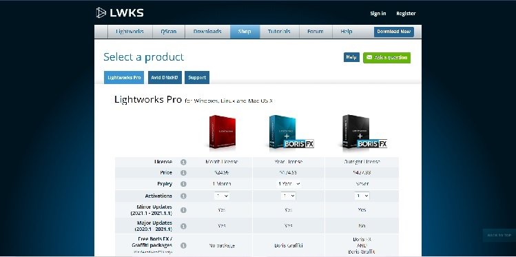 Página de precios de Lightworks