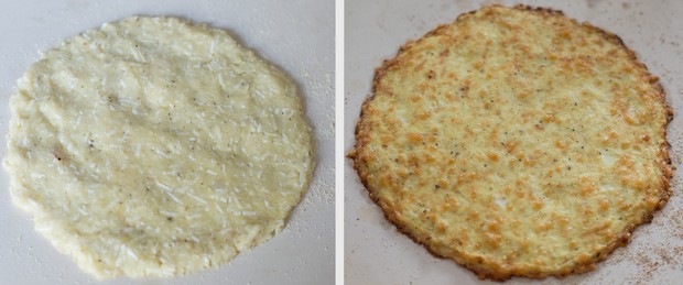 photo collage of the cauliflower crust raw and then baked
