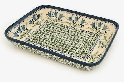  Polish Pottery Blue Tulip Large Rectangular Baker