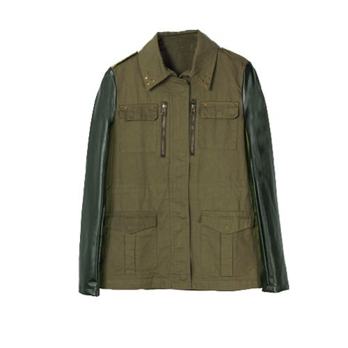Vobaga Women's Military Green Contrast Pu Leather Sleeve Stud Collar Jacket Coat Blazer-l