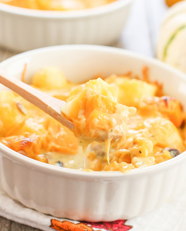 close-up photo of a scoop of Cheesy Potato Curry Casserole