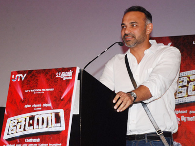Abhinay Deo speaks during the audio launch of their movie 'Settai', held at Sathyam Cinemas in Chennai.