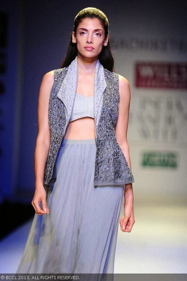 Indrani Dasgupta flaunts a creation by fashion designer Nachiket Barve on Day 1 of Wills Lifestyle India Fashion Week (WIFW) Spring/Summer 2014, held in Delhi.