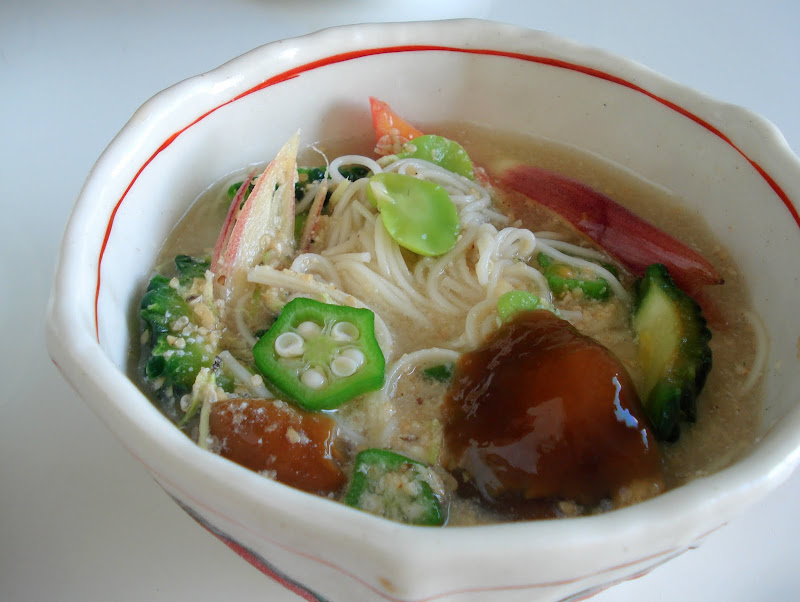 Refreshing cold miso soup with somen noodles and nameko sticky mushroom