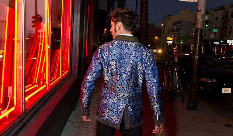 Gray Drinking Jacket backshot by neon window