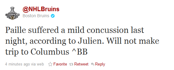 Julien: Mild concussion for Daniel Paille