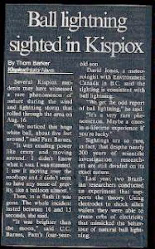 Ball Lightning Sighted In Kispiox British Columbia Scanned Article