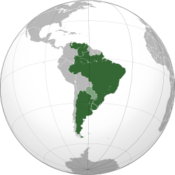 Mercosur full members (Argentina, Brazil, Paraguay, Uruguay, and Venezuela). Paraguay, in transparent green, is suspended.
