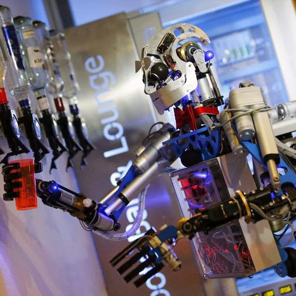 Humanoid robot bartender "Carl", developed and built by mechatronics engineer Ben Schaefer who runs a company for humanoid robots, prepares spirits for the mixing of cocktails and is able to interact with customers in small conversations.