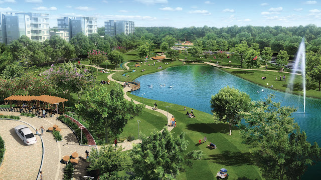 Khuôn viên xanh cùng hồ nước trong khu đô thị Louis City Khuôn viên xanh cùng hồ nước trong khu đô thị Louis City