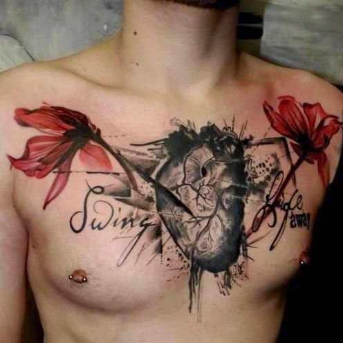 heart and flower chest tattoos