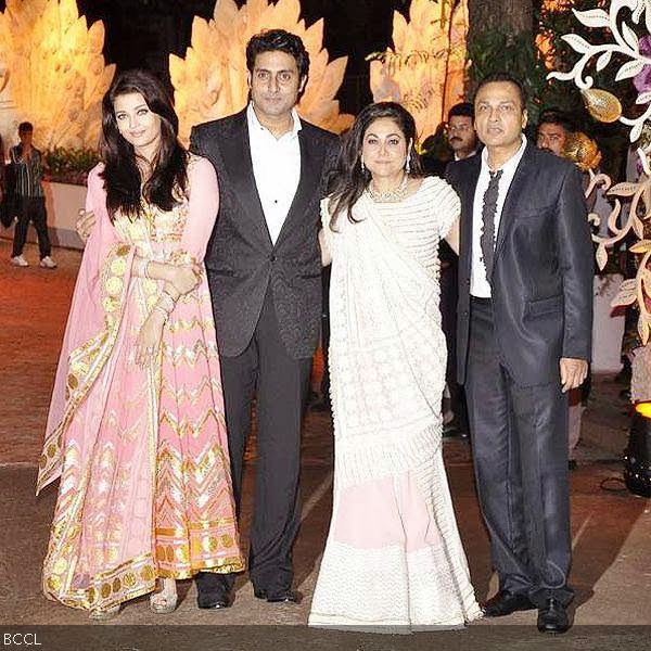 (L-R) Aishwarya and Abhishek Bachchan with Tina and Anil Ambani at Kokilaben's b'day party, held in Mumbai. (Pic: Viral Bhayani)