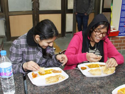 Nikita and Shreya, DU students during the Indian Railway Catering and Tourism Corporation's (IRCTC)cafeteria launch at Delhi University.