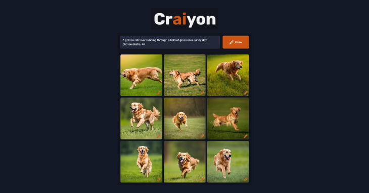 Nine AI image generations of a golden retriever running through a field of grass using Craiyon AI.