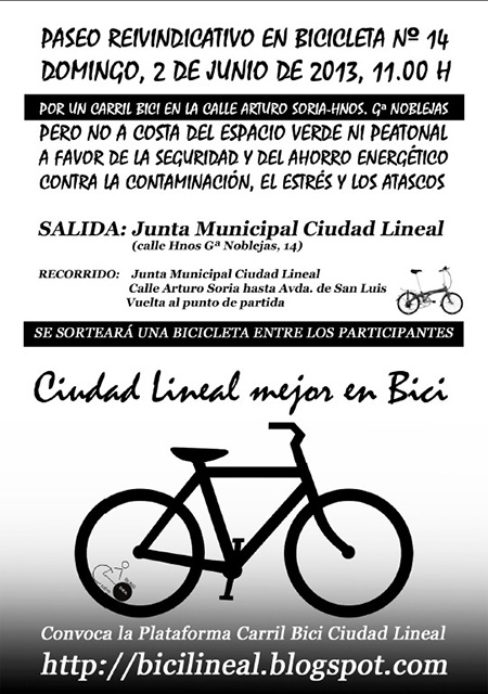 XIV Paseo reivindicativo por un Carril Bici en Ciudad Lineal, domingo 2 de junio 2013