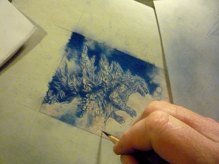 Godzilla sketch card, work in progress, © 2013 Jeff Lafferty