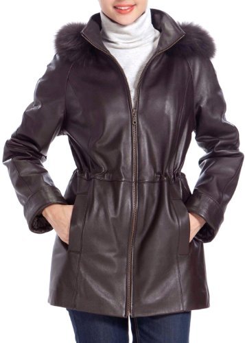 BGSD Women's Fox Fur Trim Lambskin Leather Hooded Parka Coat - Brown Plus 1X