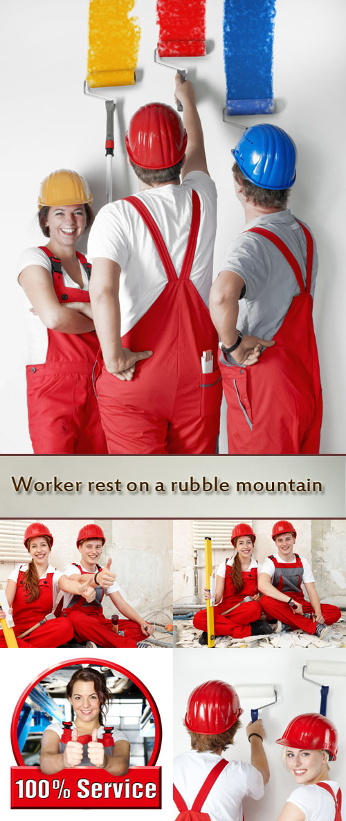 Stock Photo: Worker rest on a rubble mountain while fixing up a house Stock Photo: Worker rest on a rubble mountain while fixing up a house