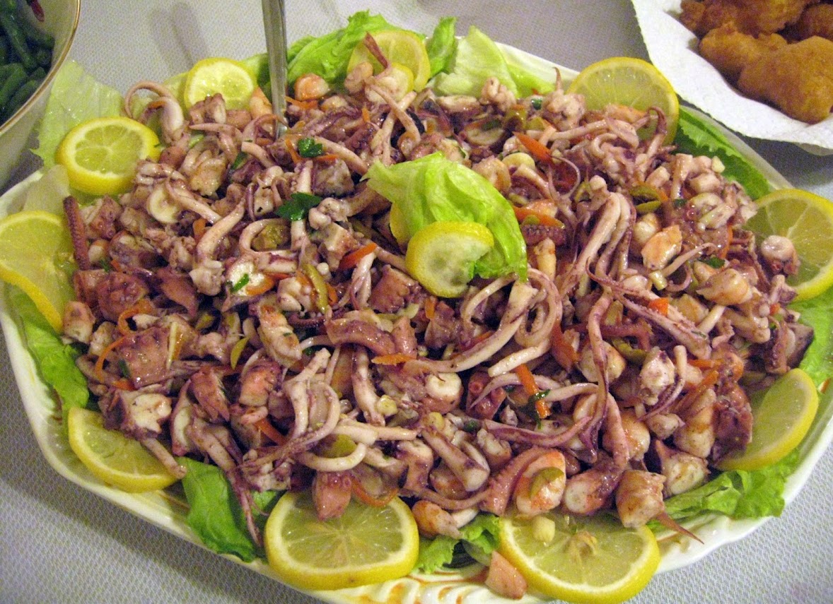 Typical Italian Seafood Salad (Antipasti di Mare) that is prepared for the holidays but can be made year round. 