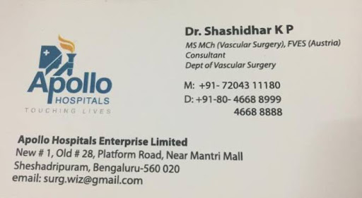 Dr Shashidhar KP, Apollo Hospital Seshadripuram, No 1, Old No 28, Platform Road, Near Mantri Square Mall, Sheshadripuram, Bengaluru, Karnataka 560020, India, Vascular_Surgeon, state KA