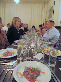 Portland Food Adventures dinner with Chef Ben Bettinger 2/05/2015, Coffee Rubbed Beef Carpaccio with Oregon truffles, Grana Padano, and pickled onions, which were paired with 2013 Schloss Gobelsbuerg Gruner Veltliner from Austria