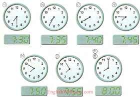 15. seven thirty 16. seven thirty-five/ twenty-five to eight 17. seven forty/ twenty to eight 18. seven forty-five/ (a) quarter to eight 19. seven fifty/ ten to eight 20. seven fifty-five/ five to eight 21. eight a.m./ eight (o'clock) in the morning 22. eight p.m./ eight (o'clock) in the evening Time - Numbers, Date, Time - Photo Dictionary