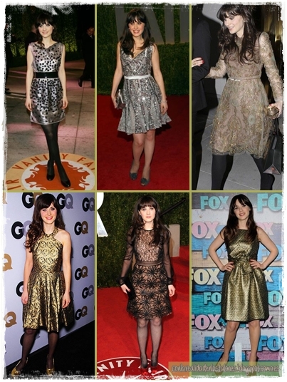 Zooey Deschanel - Vestidos tonos metálicos y dorados