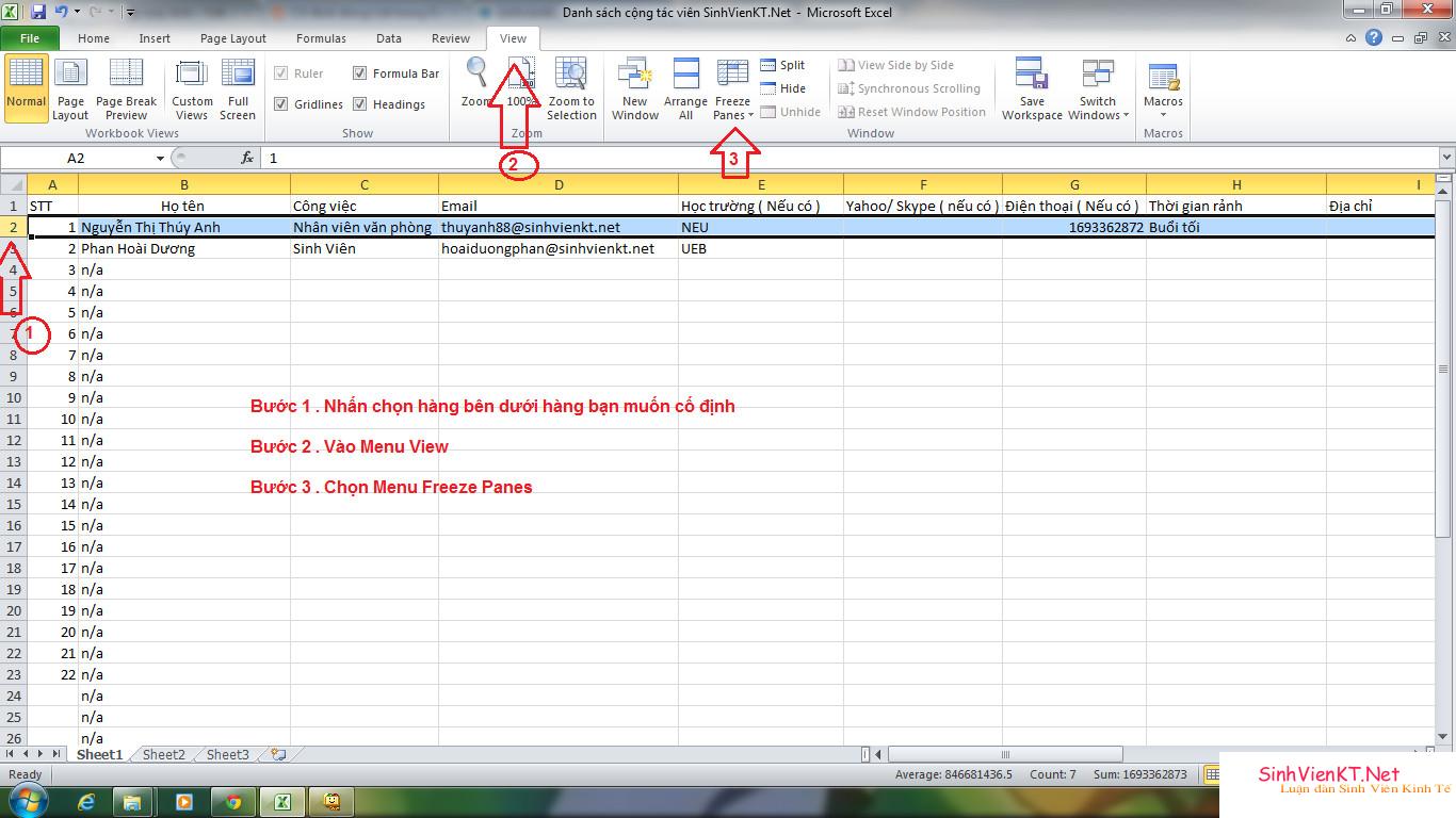 Hướng dẫn cố định dòng/cột trong Excel