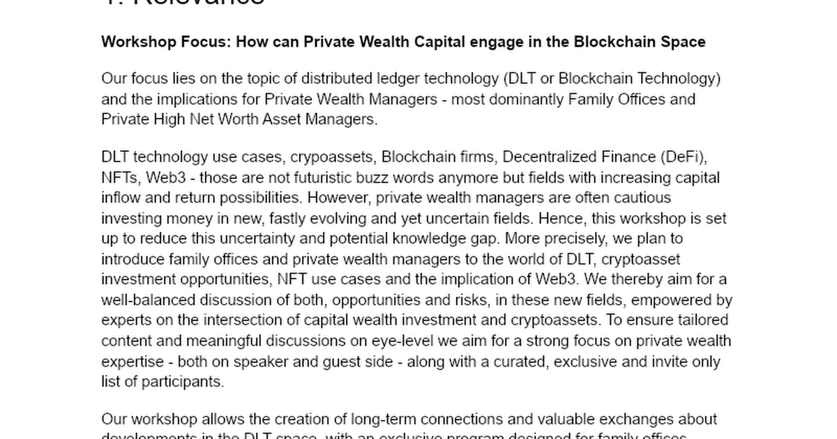 Workshop Proposal for Blockchain Technology Workshop