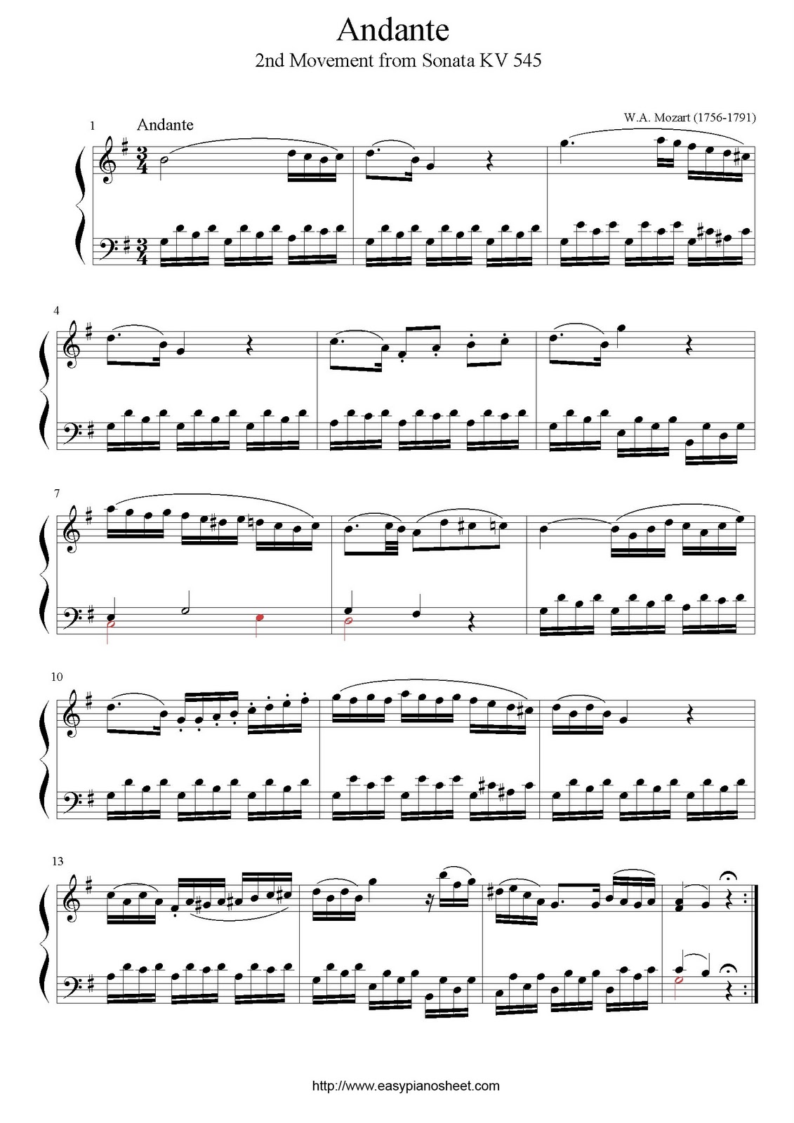 Partitura Facil: Aprende Piano Gradualmente: Wolfgang Amadeus Mozart,  partituras de piano avanzado: Andante (Segundo Movimiento, Sonata KV545)