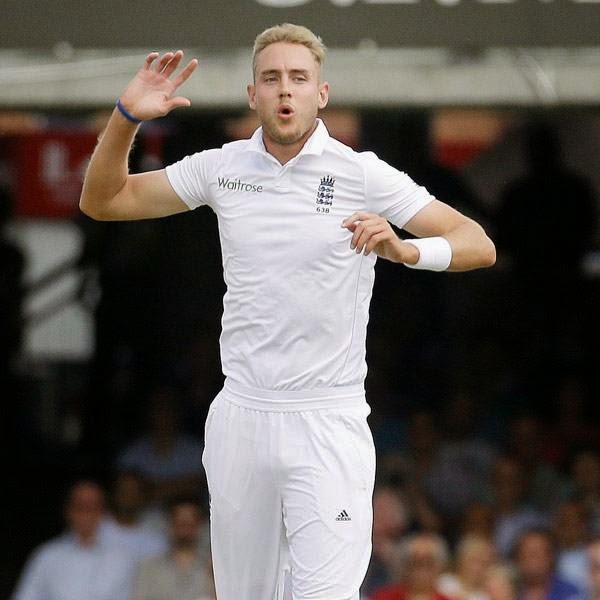 England's Stuart Broad jumps after he bowls during the first day of the second test match between England and India at Lord's cricket ground in London, Thursday, July 17, 2014.