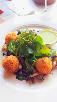 Higgins Restaurant- dinner special appetizer of risotto balls with truffle and hedgehog mushrooms that came with fresh greens that only needed the barest whisper of dressing