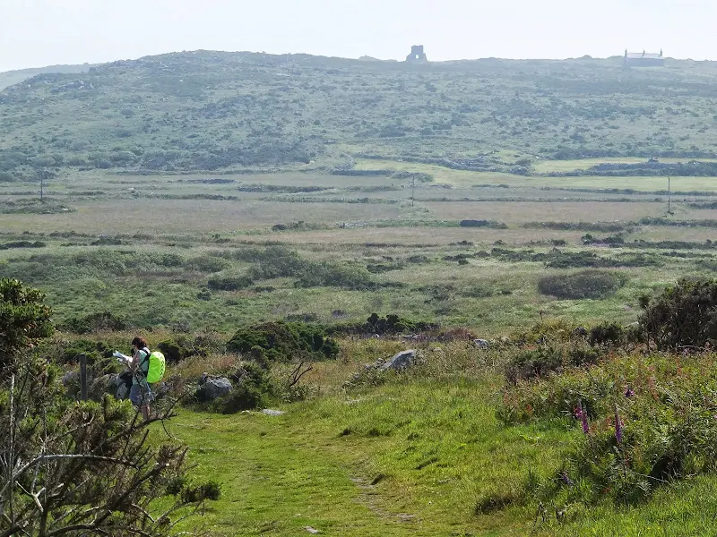 In the distance, looking like a formation of standing stones is the former Morvah Hill mine