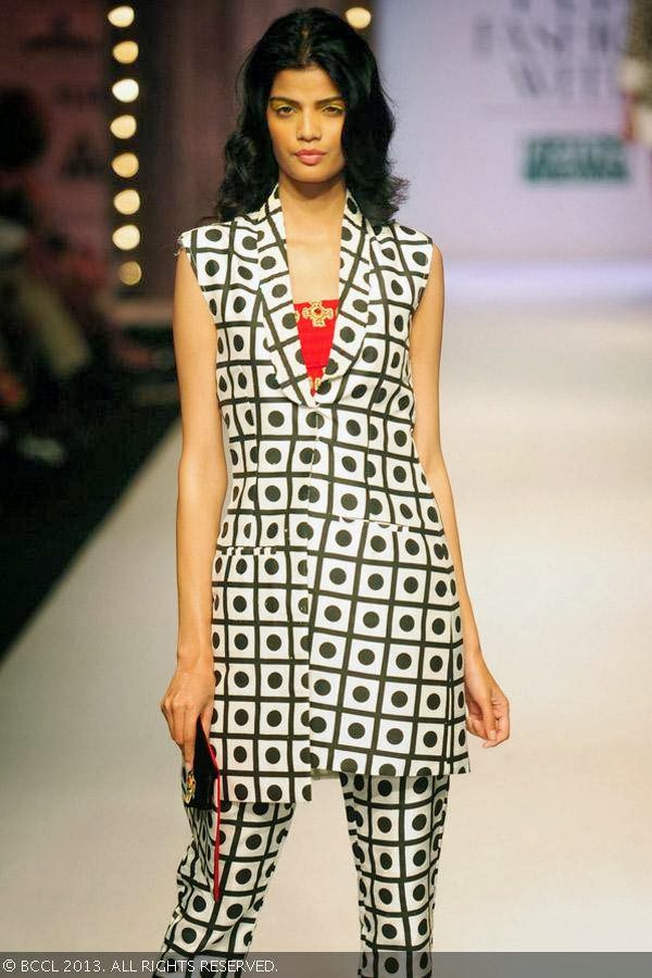 Sony flaunts a creation by fashion designer Masaba on Day 1 of Wills Lifestyle India Fashion Week (WIFW) Spring/Summer 2014, held in Delhi.