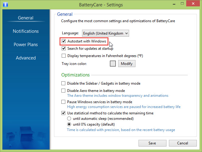 Opsi Autostart with Windows pada BatteryCare