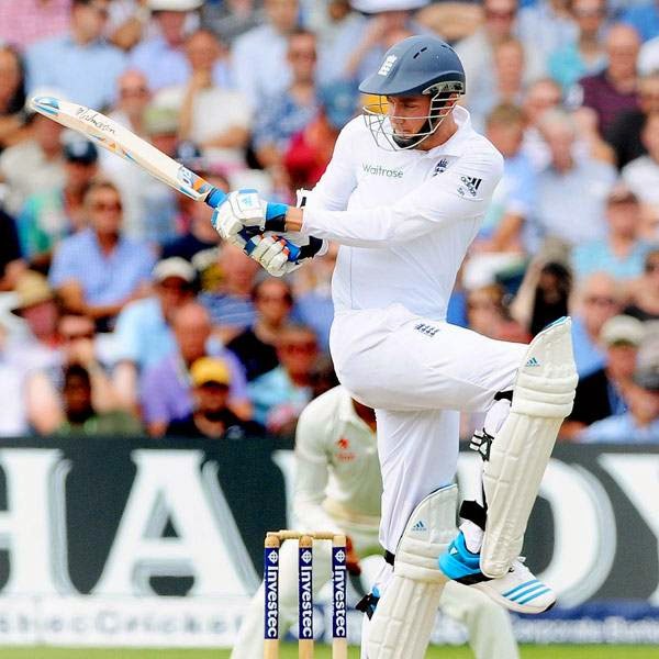  England's Stuart Broad plays a shot during day three of the first Test between England and India at Trent Bridge cricket ground, Nottingham, England, Friday, July 11, 2014. 