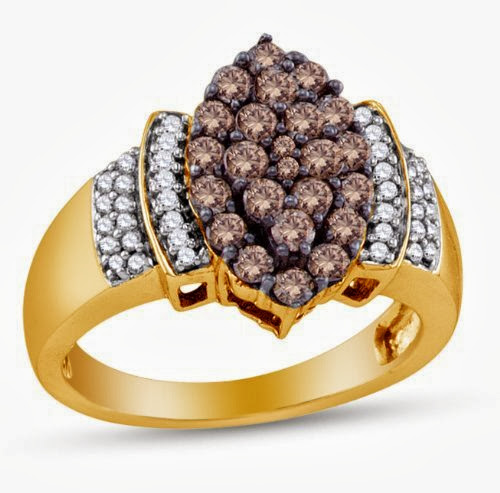 Size 7.5 - 10K Yellow and White Two 2 Tone Gold Channel Set Round Brilliant Cut Chocolate Brown and White Diamond Engagement Ring OR Fashion Band - Marquise Shape Center Setting - (1.00 cttw.)