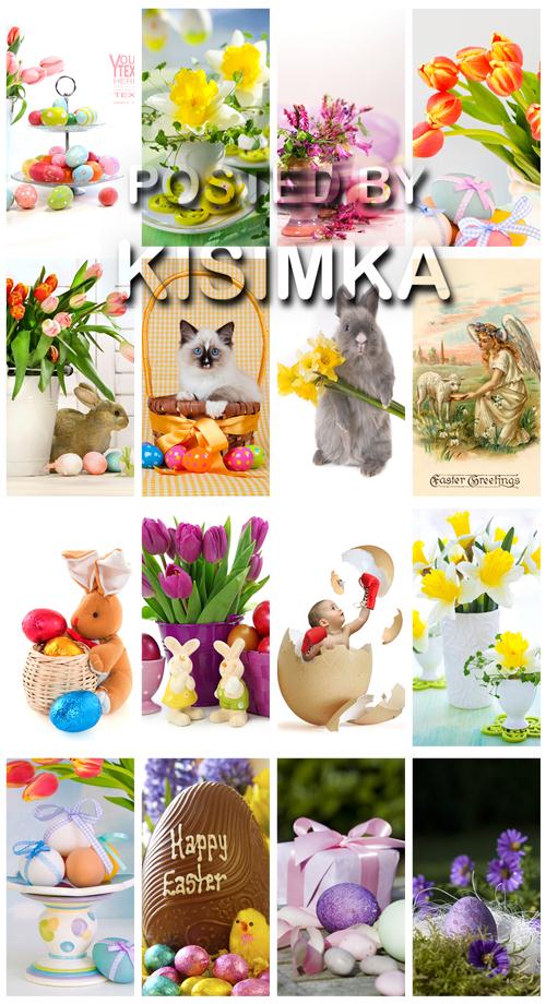 Easter - decorated eggs, children, rabbits and flowers Easter - decorated eggs, children, rabbits and flowers