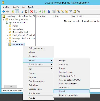 Aadir unidad organizativa y usuario en Active Directory en servidor con Windows Server 2012
